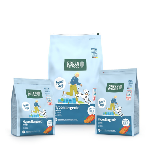 Green Petfood Hypoallergenic complete dog food  with insect protein in 10kg, 3kg and 0.9kg bags