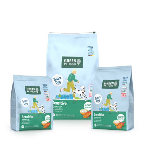 Green Petfood Sensitive complete dog food with insect protein in 10kg , 3kg and 0.9kg bags