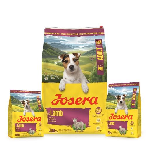 Josera Mini Adult Lamb for small breed dogs needing a grain-free diet with a single source of meat protein in 10kg, 3kg and 0.9kg bags