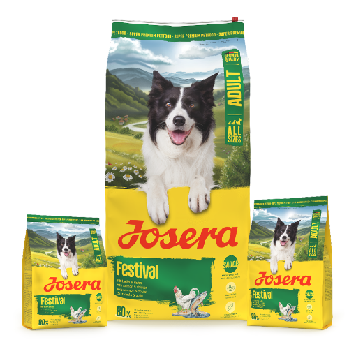 Josera Adult Festival complete maintenance dog food for all breed sizes of fussy dogs in 12.5kg, 3kg and 0.9kg bags