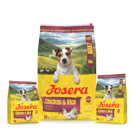 Josera Mini Adult Chicken & Rice with lots of meat for small breed dogs in 10kg, 3kg and 0.9kg bags