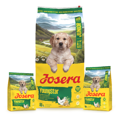 Josera Junior YoungStar complete  grain-free food for puppies and junior dogs with salmon oil in 12.5kg, 3kg and 0.9kg bags