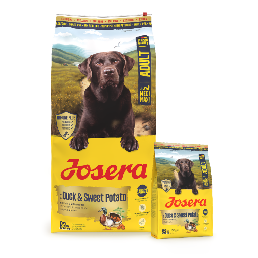Josera Adult Duck & Sweet Potato complete grain-free dog food with salmon oil 12.5kg and 3kg bags