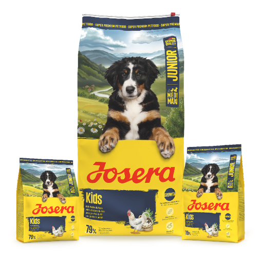 Josera Junior Kids  complete gluten-free food with salmon oil for larger puppies and junior dogs in 12.5kg, 3kg and 0.9kg bags