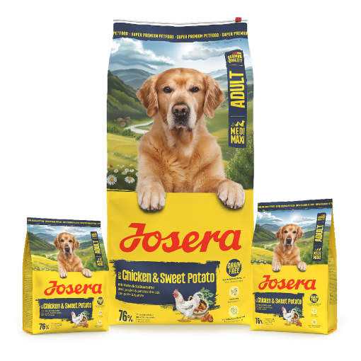 Josera Medi/Maxi Adult Chicken & Sweet Potato grain-free food for medium to larger dogs in 12.5kg 3kg and 0.9kg bags