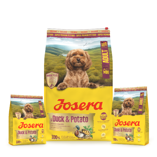 Josera Mini Adult Duck and Potato for small breeds needing grain-free food and a single source of meat protein in 10kg, 3kg and 0.9kg bags